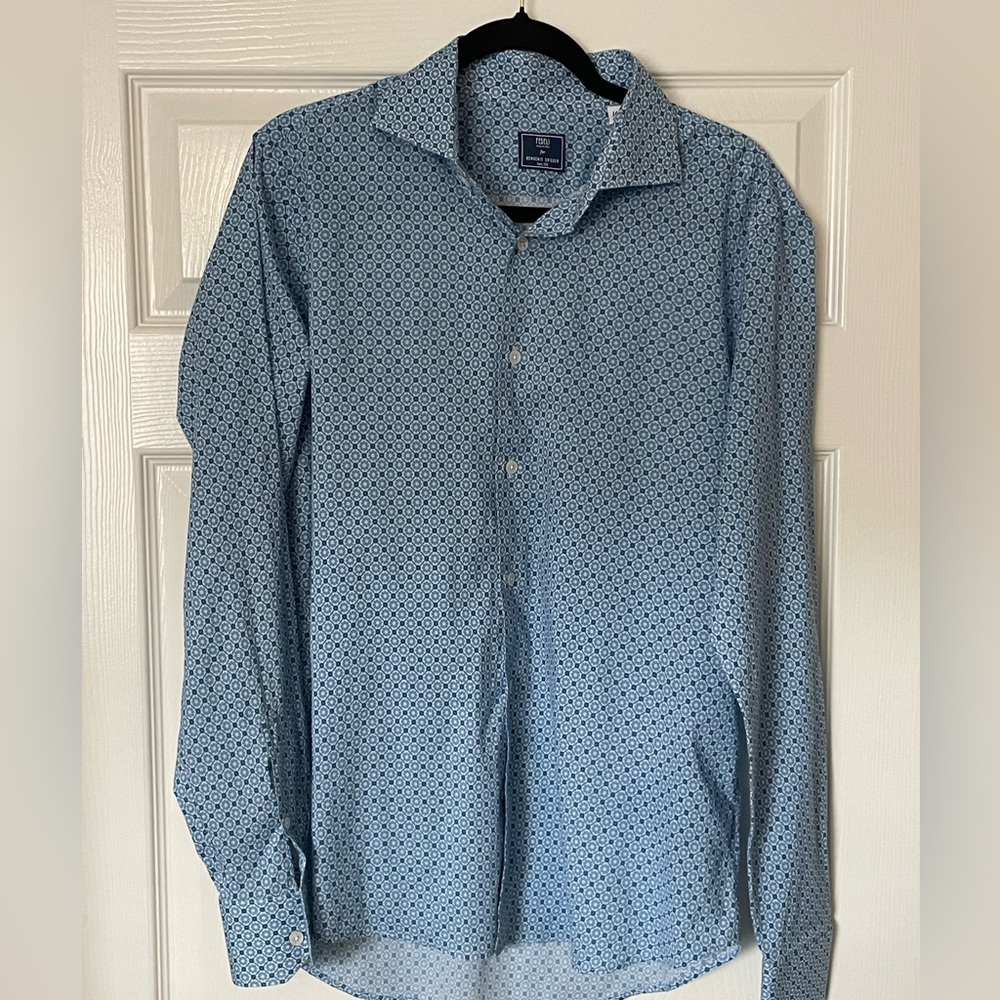 FEDELI Men's Button Down Long Sleeve Dress Shirt - Size 16  41  - Blue / White